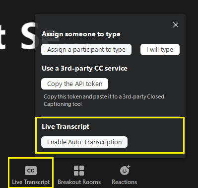 For Zoom live transcription settings